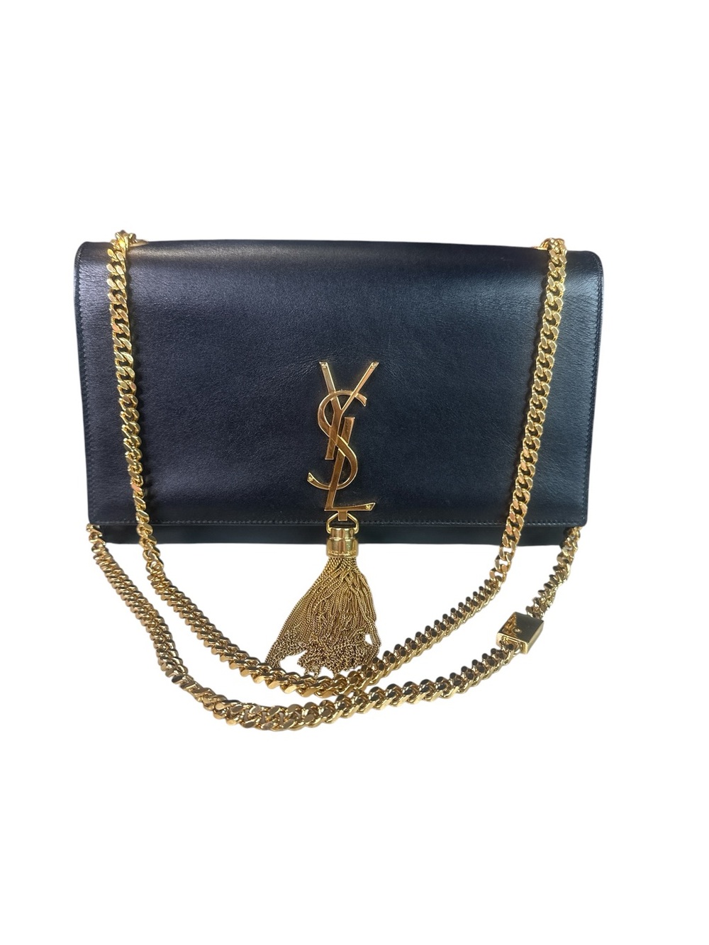 Saint Laurent Black Leather Monogram Tassel Chain Shoulder Bag